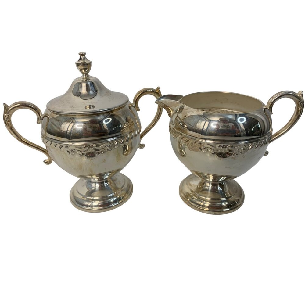 Vintage Silver Plated on Copper Cream & Sugar Set + Lid Marked 7271 Bridgerton
